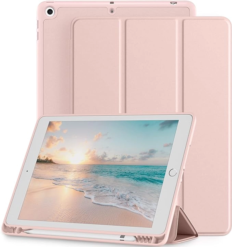 Mastten Case Compatible with iPad 9th/8th/7th Generation Case, for iPad 10.2 Inch Case with Pencil Holder, TPU Smart Stand Back Case Cover for iPad Case 2021/2020/2019, Auto Wake/Sleep, Rose Pink