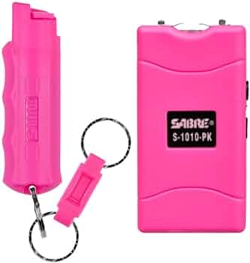 SABRE Pepper Spray And 2-in-1 Stun Gun and Flashlight, 25 Bursts of Max Strength OC Spray, Intuitive Finger Grip, 0.54 fl oz, Painful 1.160 µC Charge, 120 Lumens, Rechargeable, Safety Switch, Holster