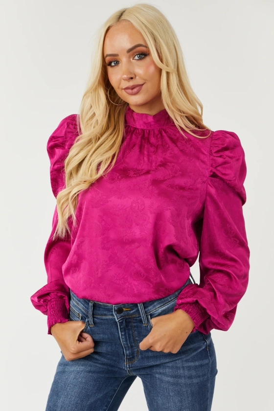 Flying Tomato Magenta Leaf Jacquard Puff Shoulder Satin Top