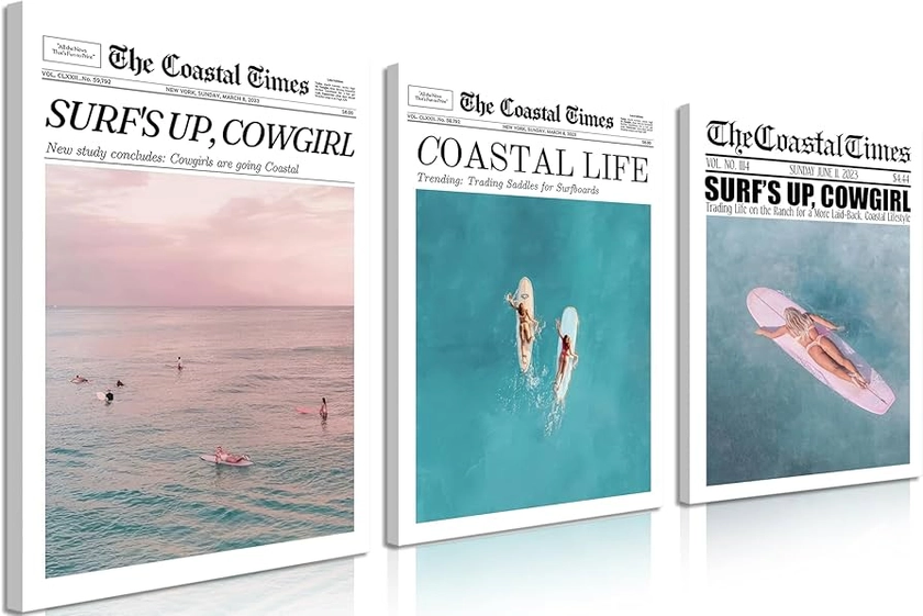 Coastal Canvas Wall Art Set of 3, Summer Beach Surfer Girl Posters Prints, Vintage Newspaper Cowgirl Wall Decor Painting for Bathroom Bedroom Dormitory Living Room Framed 12x16In