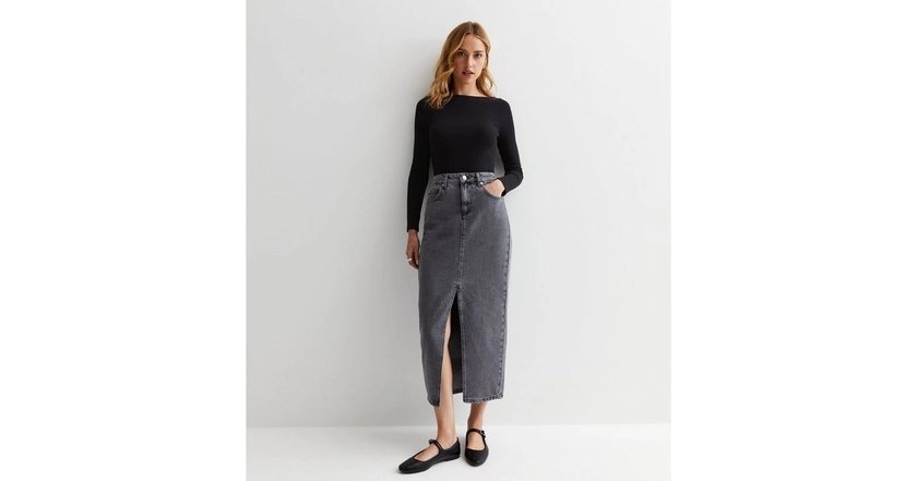 Pale Grey Denim Split Hem Maxi Skirt | New Look