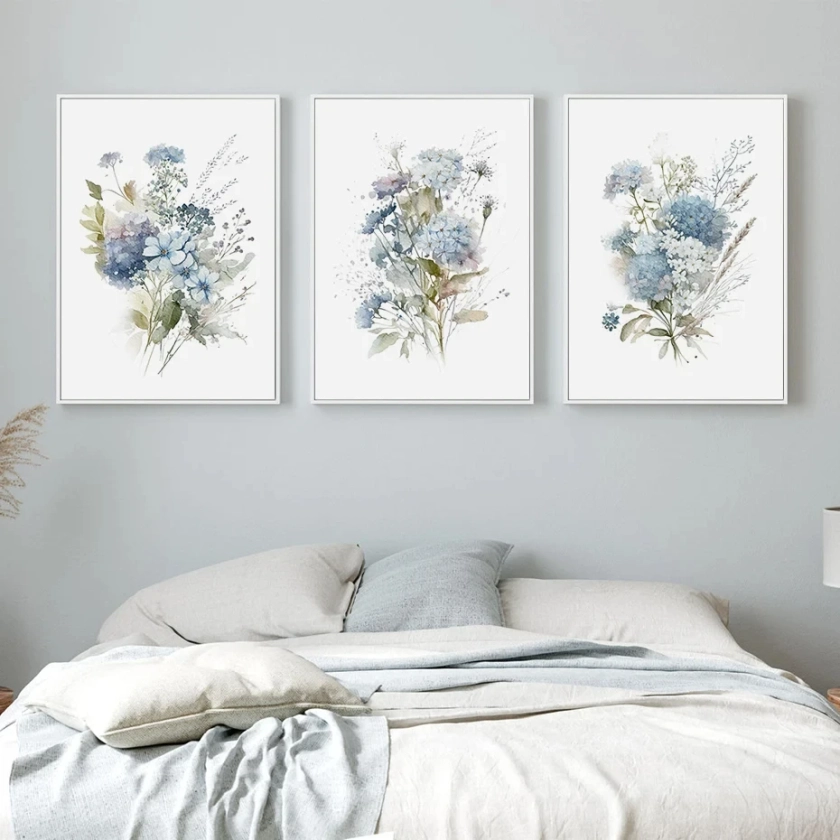 Affiche aquarelle fleur bleue bohème, Art mural végétal, peinture sur toile, imprime des images, salon, chambre à coucher, intérieur de maison De