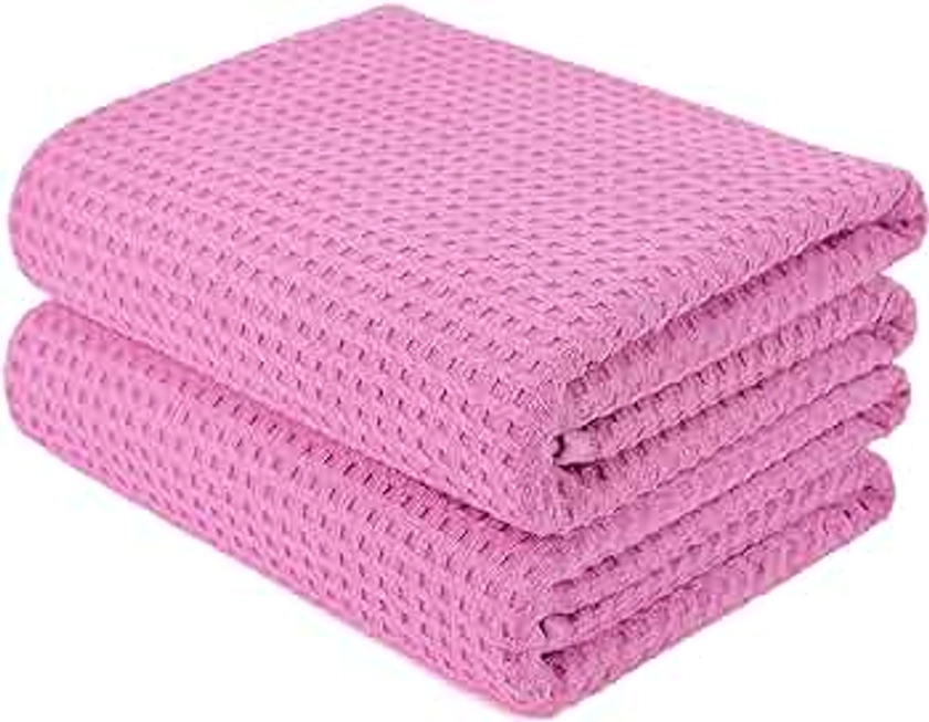 POLYTE Microfiber Oversize Quick Dry Lint Free Bath Towel, 60 x 30 in, Set of 2 (Pink, Waffle Weave)