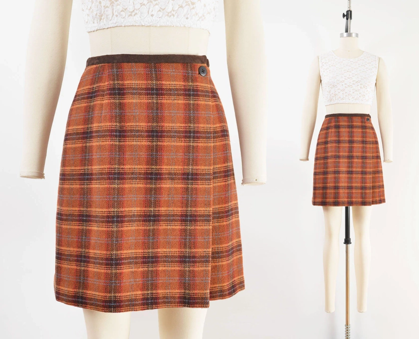 Wool Wrap Skirt | 90s Vintage Orange Brown Plaid Mini Skirt with Suede Waistband size Small