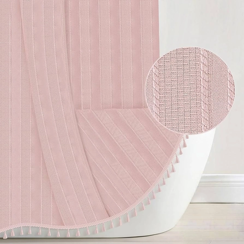 Seasonwood Pink Fabric Boho Shower Curtain Textured Vertical Stripe Tassel Shower Curtain Farmhouse Minimalist Cute Shower Curtain Pink, 72x72