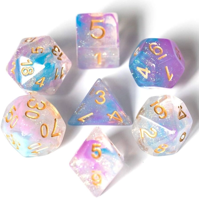 UDIXI 7 PCS Polyhedral Dice Set with Swirls Iridecent, Glitter D&D Dice for Dungeons and Dragons Pathfinder DND RPG MTG Table Gaming Dice (Purple Blue)