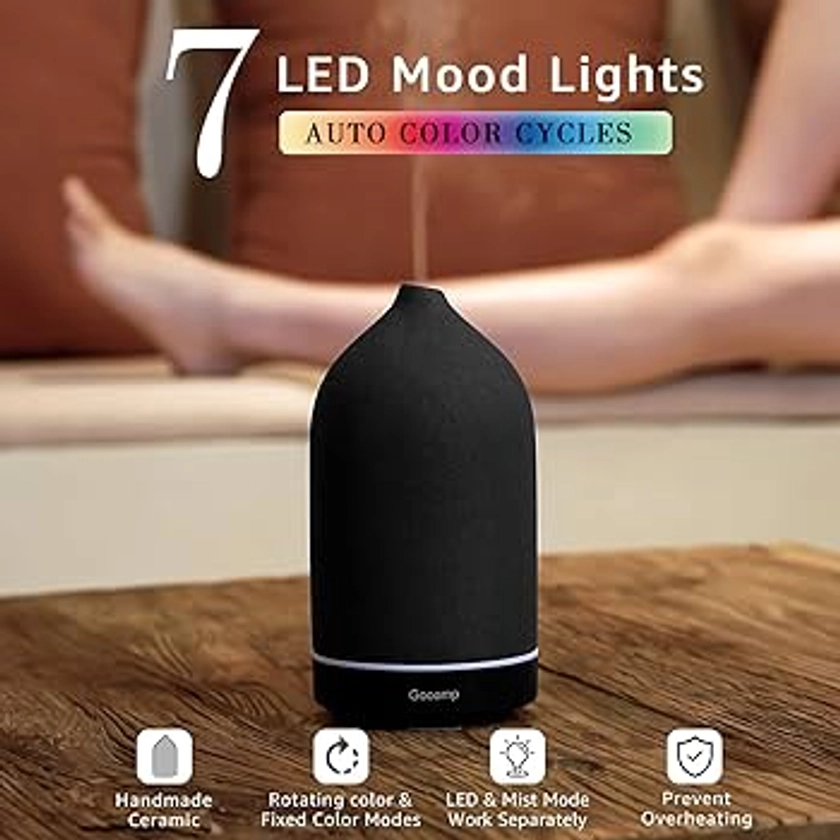 200ML Ceramic Diffuser,Aromatherapy Diffuser,Essential Oil Diffuser with 7 Color Lights Auto Shut Off for Home Office Room, Black (1/3/6/ON hrs Working time)