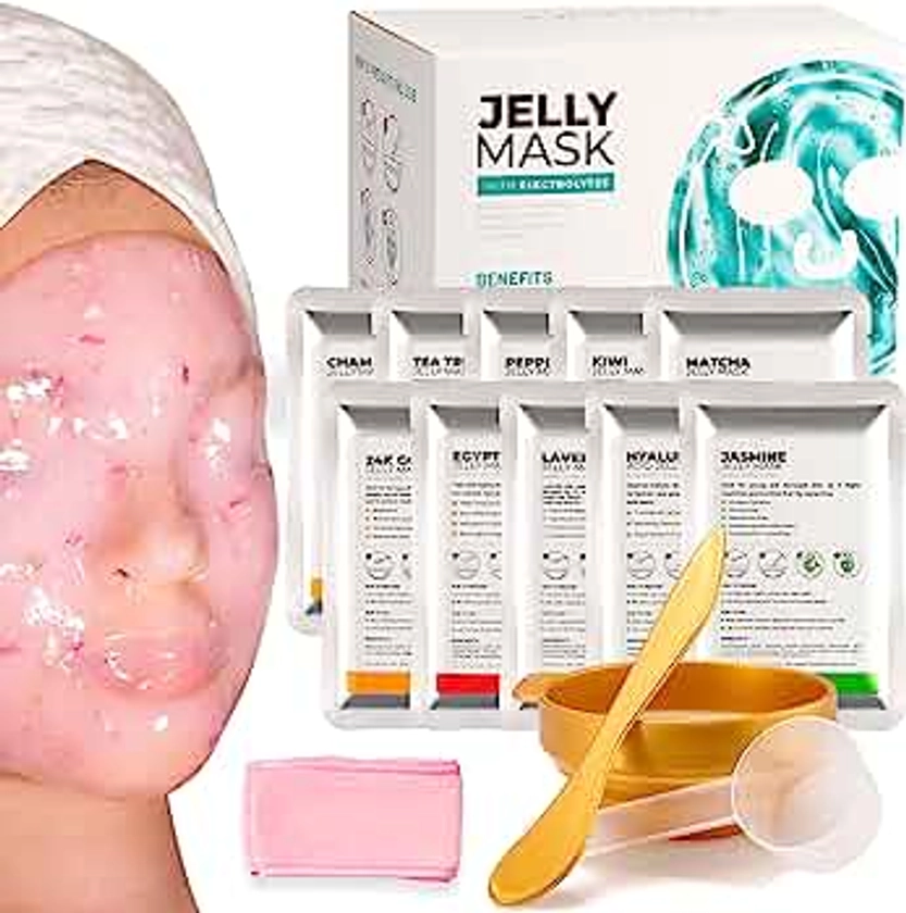 BRÜUN Peel-Off Jelly Mask Hydrating Premium Modeling Rubber Mask Spa Set - 10 Treatments (24k Gold, Lavender, Kiwi, Peppermint, Egyptian Rose, Matcha, Chamomile, Tea tree, Jazmine)