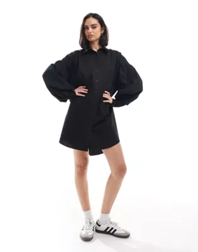 ASOS DESIGN ultimate boyfriend mini shirt dress with volume sleeve in black | ASOS