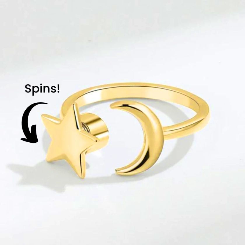 Gold Moon and Star Spinner Fidget Ring Adjustable
