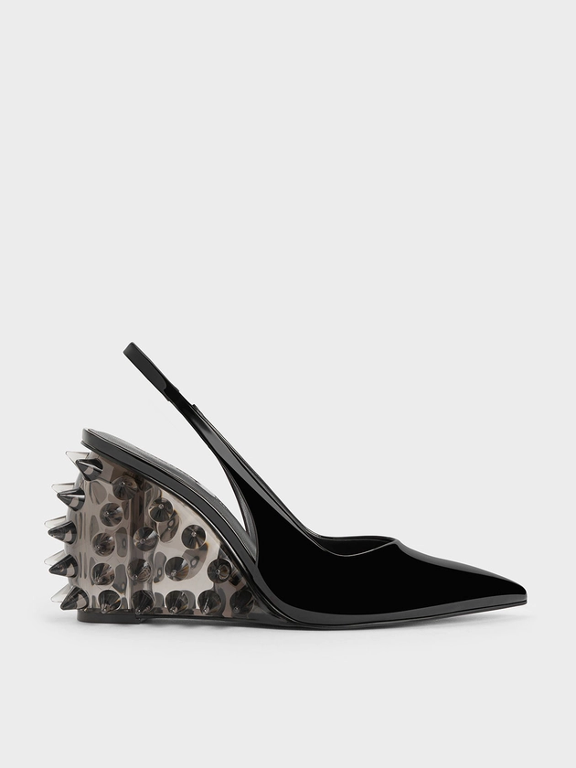 Black Patent Spike-Heel Slingback Wedges | CHARLES & KEITH