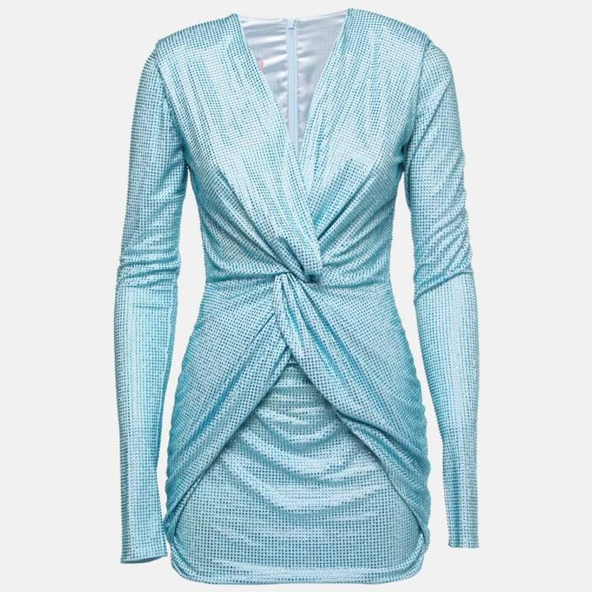 Sofi Milo Blue Embellished Jersey Draped Long Sleeve Mini Dress S Sofi Milo | The Luxury Closet