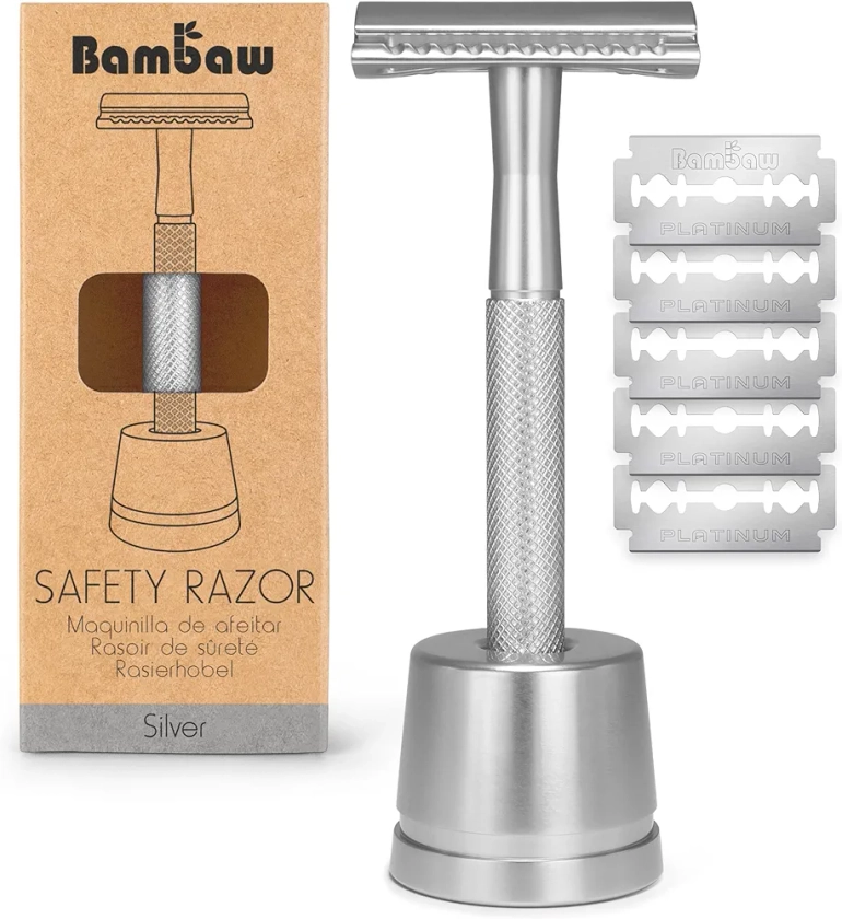 Bambaw Double Edge Safety Razor for Men with Razor Stand, One Blade Metal Razor, Reusable Metal Razor with 5 Double Edge Safety Razor Blades – Silver