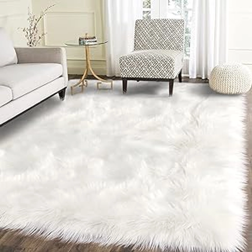 Latepis Faux Fur Sheepskin Rug for Living Room, 4x6 Fluffy Washable Rug for Bedroom, Playroom, Luxury Room Decor, White, Rectangle