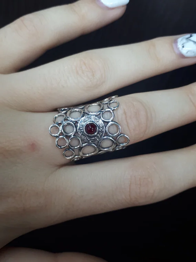 Net Ring Adjustable Wide Ring Round Net Silver Armenian Ethnic Jewelry Boho Thick Ring Garnet Stone Ring Stylish Ring Best Gift for Women - Etsy
