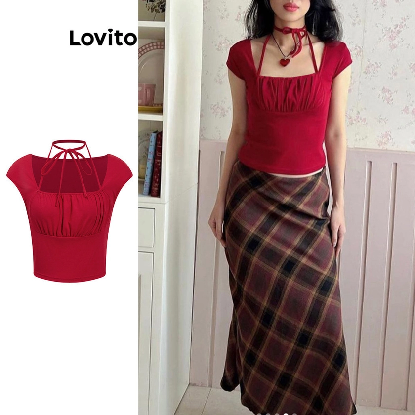 Lovito Casual Camiseta Lisa Franzida com Amarração para Mulheres L80ED057 | Shopee Brasil