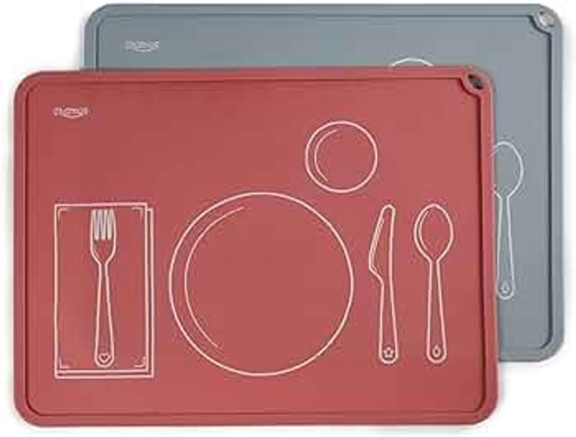 Montessori Placemat for Toddlers - Kids Silicone Mats for Dining Table - Set of 2 - Table Setting Learning (Rose and Grey)