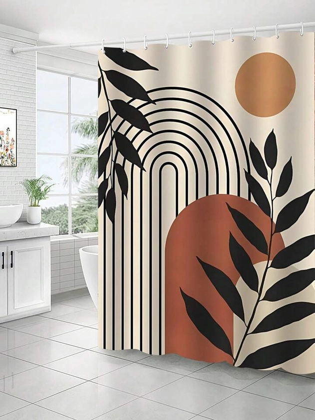 1pc Modern Style Geometric Printing Polyester Fabric Shower Curtain, Waterproof And Mold Resistant Bathroom Partition Curtain