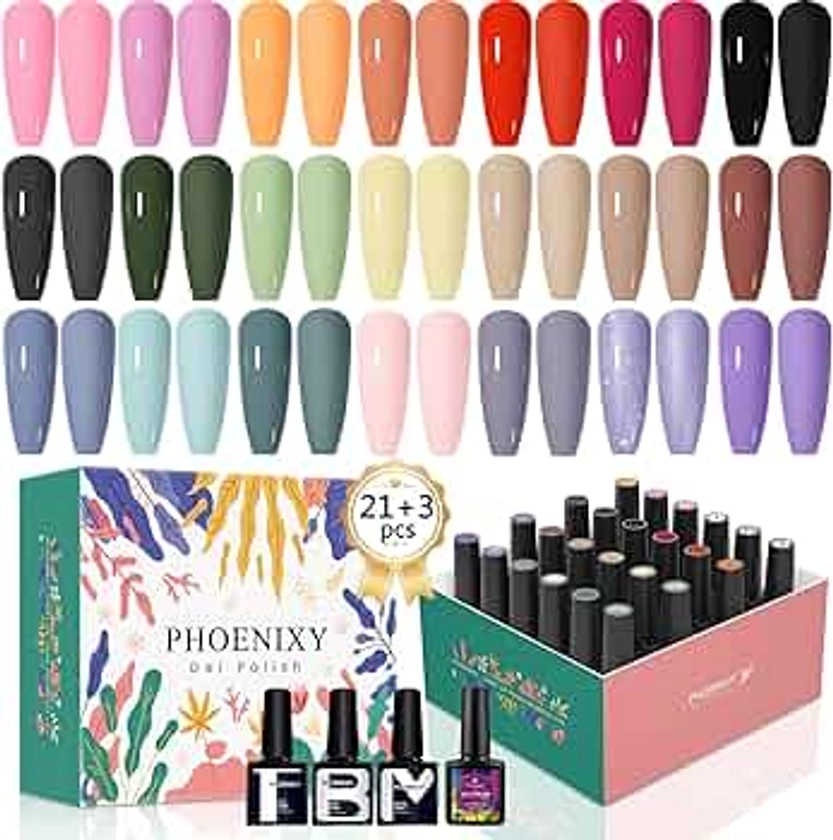 Gel Nail Polish Set-21+3 Pcs Soak Off UV LED Phoenixy Gel Nail Polish Set with Glossy Matte Base Top Coat, Soak Off Nail Polish Gel Set Popular Nail Art Salon Design Gift for Women