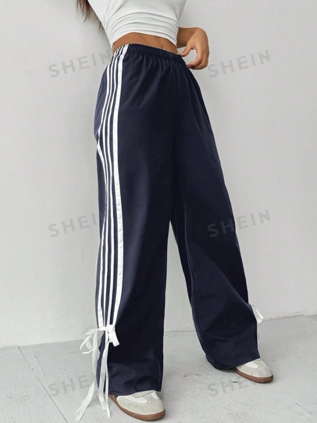 SHEIN PETITE Ladies' Contrast Striped Side Seam Simple Style Casual Wide Leg Pants