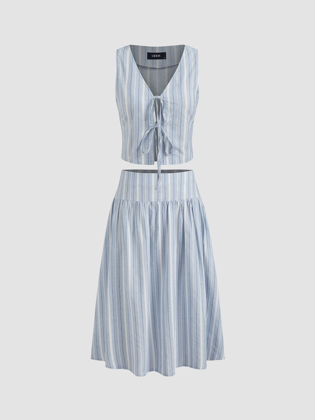 Woven 100% Cotton V-neck Striped Tie Front Crop Vest & Mid Rise Striped Ruffle Midi Skirt For Vacation