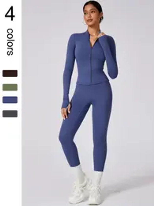 Two-piece Set Women's Solid Zip Up Mock Neck Jacket & High Waist Leggings Tracksuit, Sporty Long Sleeve Top & Skinny Bottoms for Yoga Gym Workout, Ladies Sportswear for All Seasons, Modest Outfits