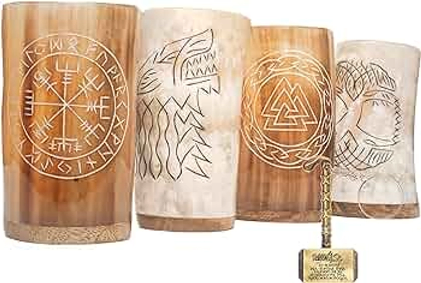 Viking Drinking Horn Mugs Set of 4, Natural Ox Horn Shot Glasses | 10 oz Cool Unique Tumbler, Beer Gift for Men and Women, Handmade Goblet| Medieval Stein for Ale, Mead, Whiskey