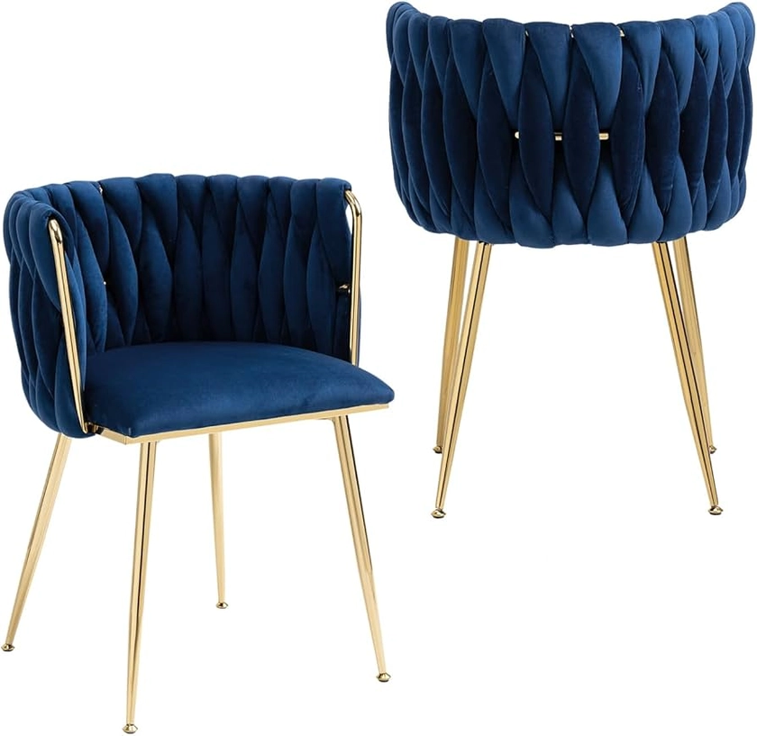 Nrizc Woven Dining Chairs Set of 2, Velvet Upholstered Dining Chairs with Gold Metal Legs, Modern Accent Chairs for Living Room, Dining Room, Kitchen (Blue)