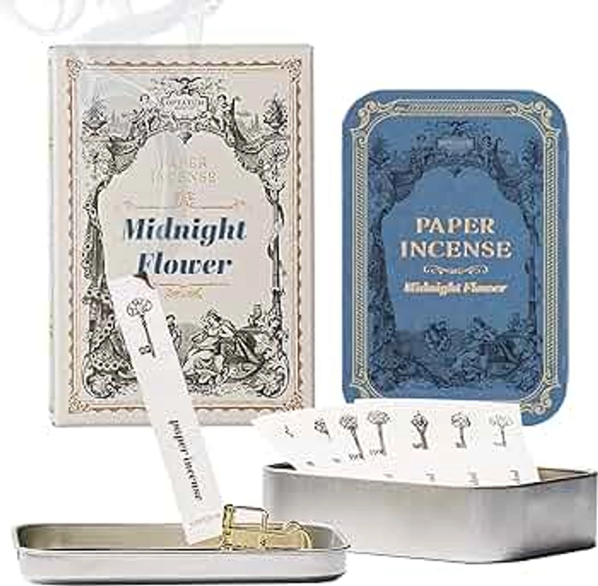 Paper Incense with Vintage Metal Case Holder Set - 48 Sheets, Smell Good Incense for Relaxing, Meditation, Yoga, Aromatherapy, Fast Burning But Long-Lasting Fragrance, Midnight Flower
