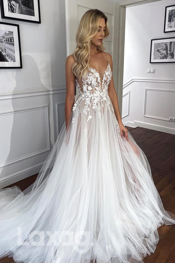 14590 - Women's Spaghetti Straps Lace Appliques Rustic Wedding Dress
