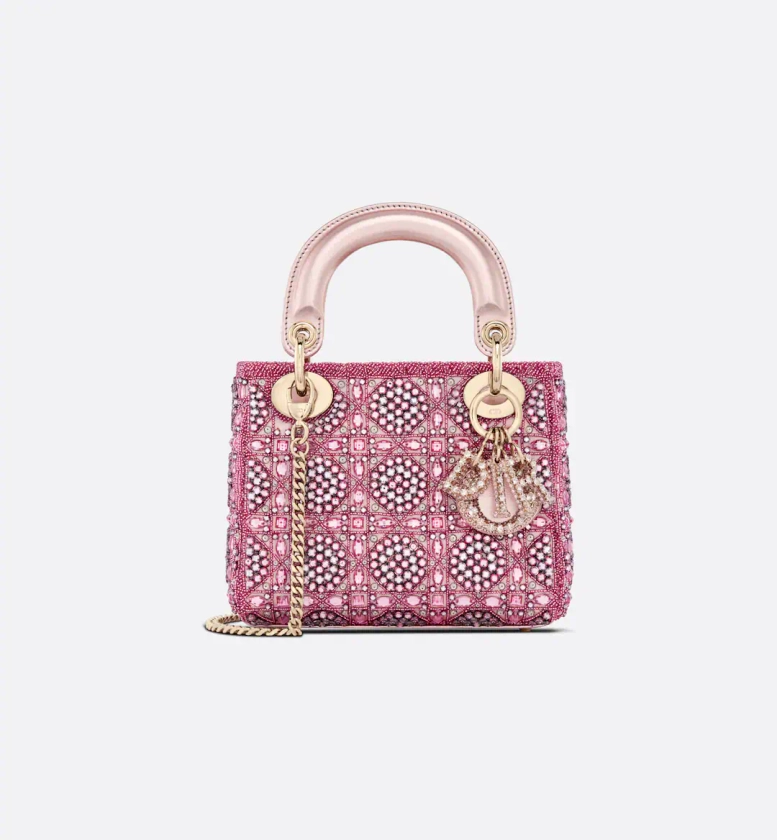 Mini Lady Dior Bag Metallic Calfskin and Satin with Rose Des Vents Resin Pearl Embroidery | DIOR
