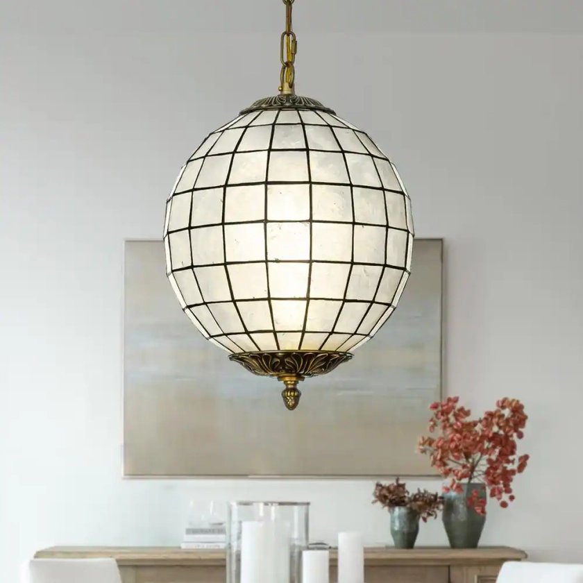 ALOA DECOR 1-Light 12 in. Vintage Mid Century Natural Capiz Shell Chandelier Antique Brass French Country Globe Lantern Pendant H7157D30FG11A - The Home Depot