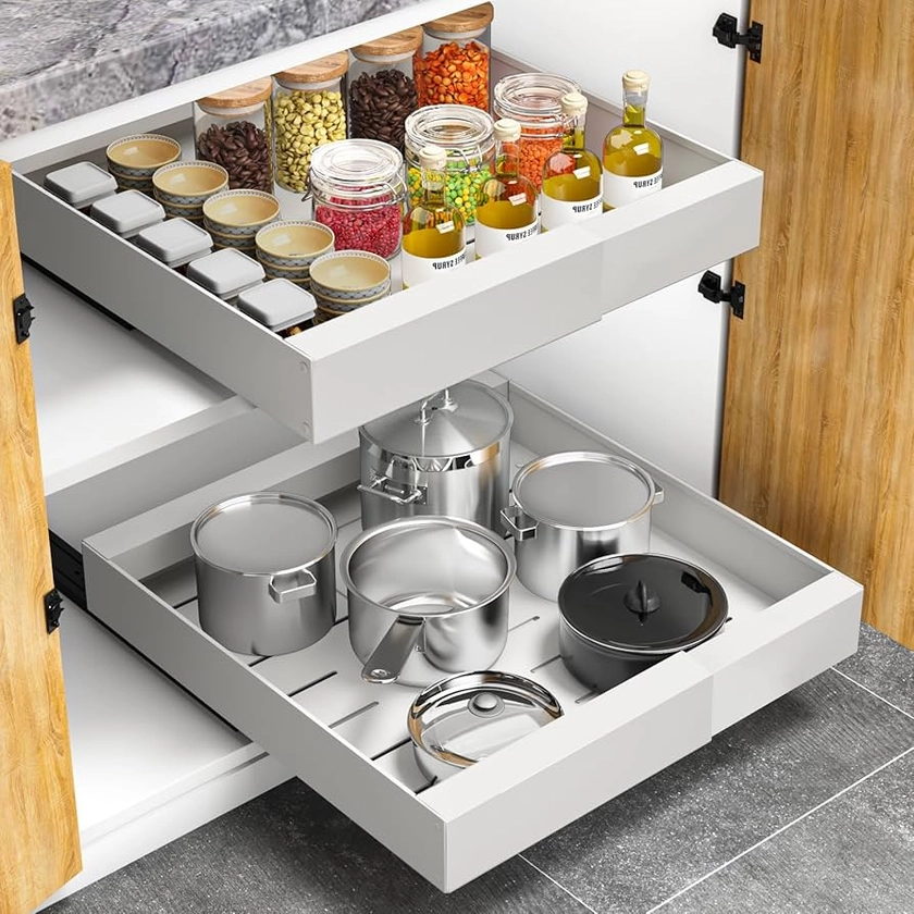 Expandable Pull Out Cabinet Drawers Organizer, Slide Out Cabinet Organizer Shelves with Adhesive Nano Film, Slide Out Drawers for Kitchen Cabinets, Pantry, Bathroom Storage