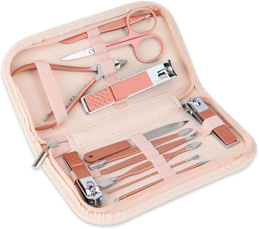 Nail Clippers and Beauty Tool Portable Set, Rose Gold Martensitic Stainless Steel Manicure Set 12 in 1, with Pink Leather Bag, Suitable for Home, Workplace, Outdoor Travel, Gift Giving, Salon.