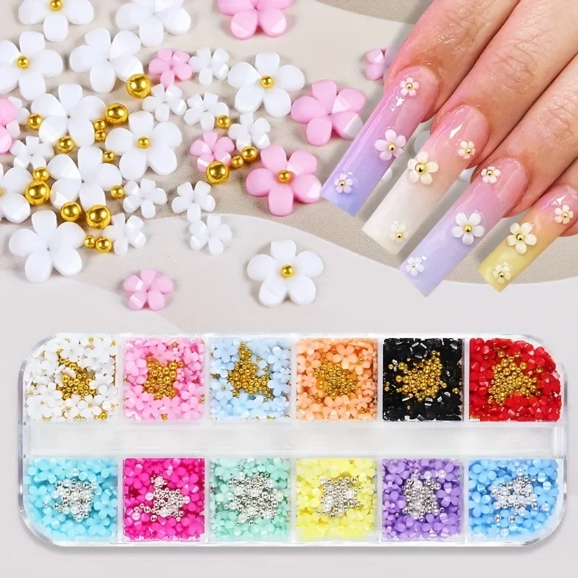 Breloques 3D pour ongles, accessoires multicolores avec perles caviar/diamants/perles pour bricolage, décoration nail art, 12 grilles