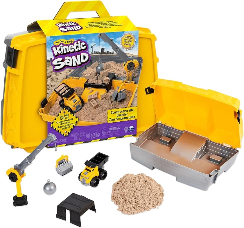 Kinetic Sand, Construction Site Folding Sandbox Playset with Vehicle and 907g, for Kids Aged 3 and Up