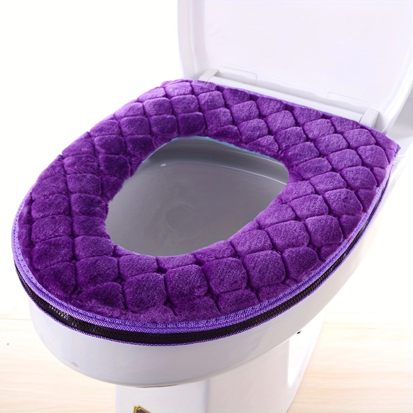 1pc, Plush Padded Toilet Seat Cover With Zipper, Soft And Warm, Washable And Reusable Bathroom Cushion Pad, Universal Fit