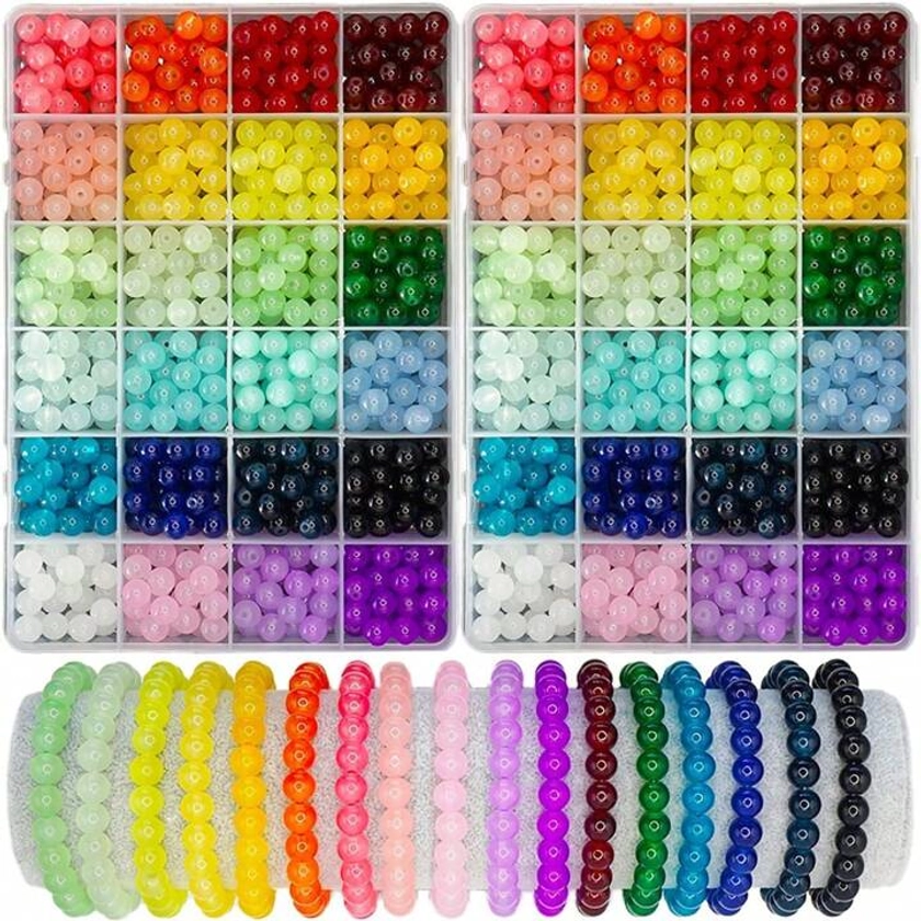 1200PCS 48 CompartmentsGlass Beads for Jewelry Making, 24 Colors 8mm Crystal Beads Bracelets Making Kit, 2 Box Round Beads Suitable for Beginners