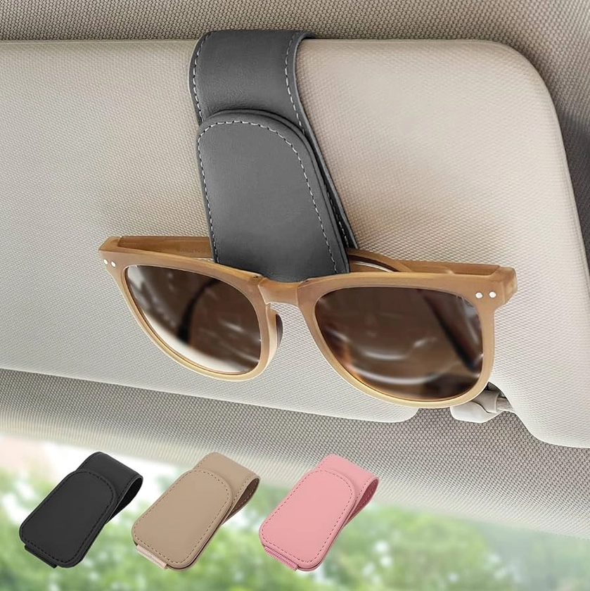 Magnetic Leather Sunglass Holder, Eyeglass Hanger Clip for Car Sun Visor, Suitable for Different Size Eyeglasses(Gray)