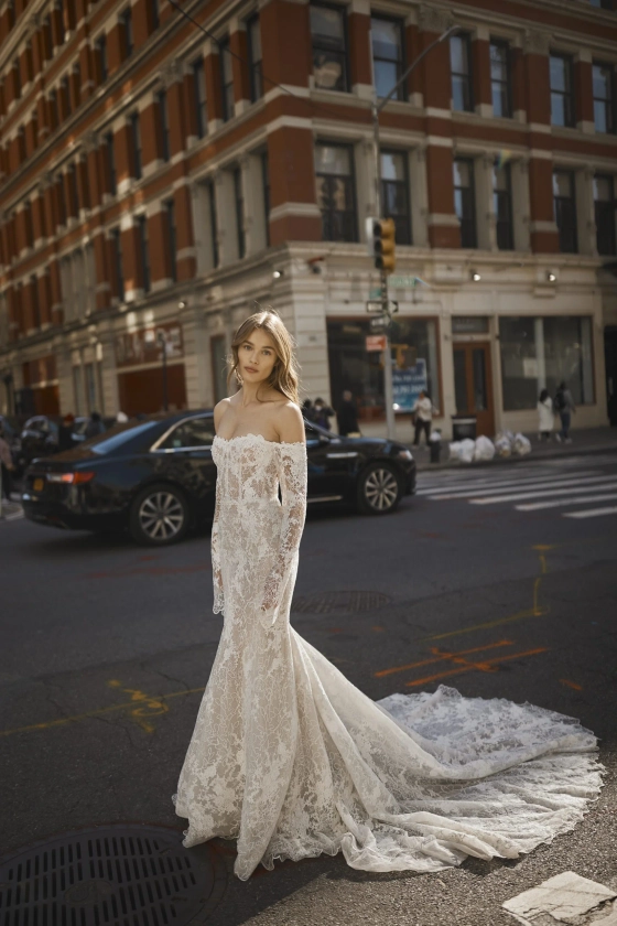 Lace Off-the-Shoulder Long Sleeve Fit-and-Flare Gown | Kleinfeld Bridal