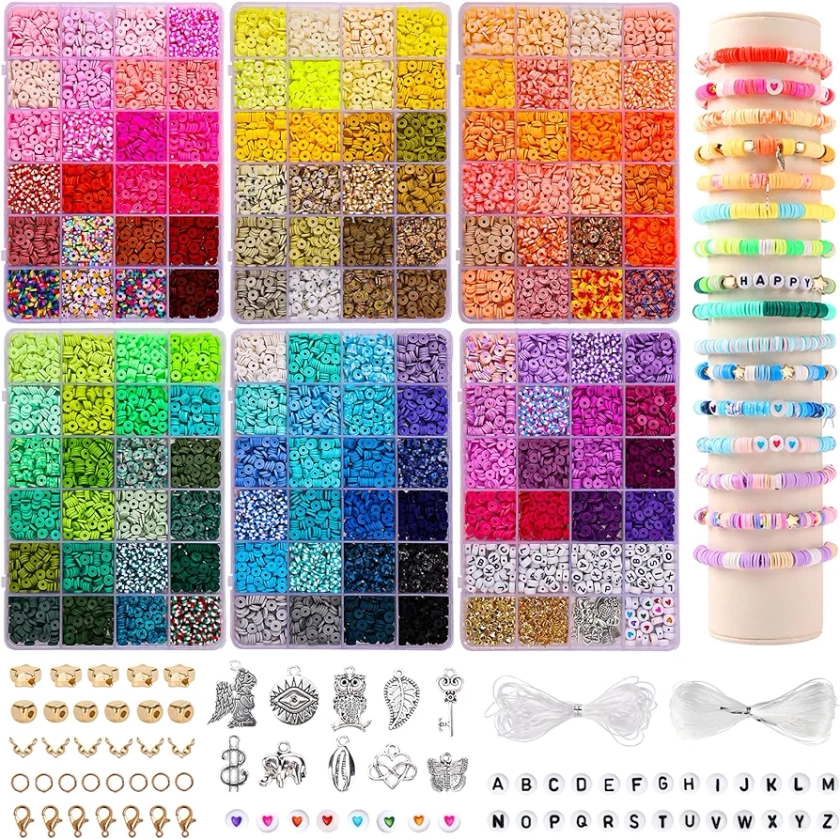 QUEFE 14000pcs, 136 Colors Clay Beads for Bracelet Making Kit Flat Round Polymer Spacer Heishi Jewelry with Pendant Charms Letter and Elastic Strings (QUEFE Clay Beads 1158)