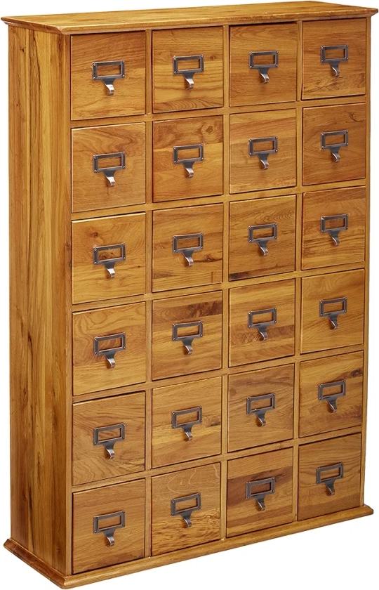Solid Oak Library Card File Media Cabinet, 24 Drawers, Oak