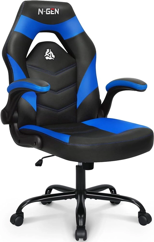 N-GEN Video Gaming Computer Chair Ergonomic Office Chair Desk Chair with Lumbar Support Flip Up Arms Adjustable Height Swivel PU Leather Executive with Wheels for Adults Women Men (Blue)