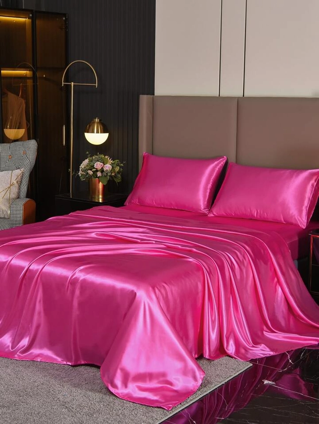 4pcs Plain Satin Sheet Set Without Filler, 1pc Fitted Sheet & 1pc Flat Sheet & 2pcs Pillowcase, Bedding