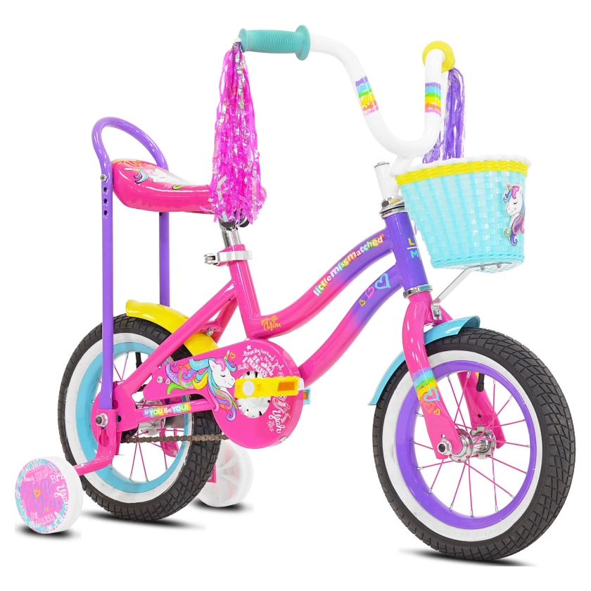 LittleMissMatched Unicorn Child's Bicycle, 12" Wheels, Toddlers Ages 3+, Pink and Purple