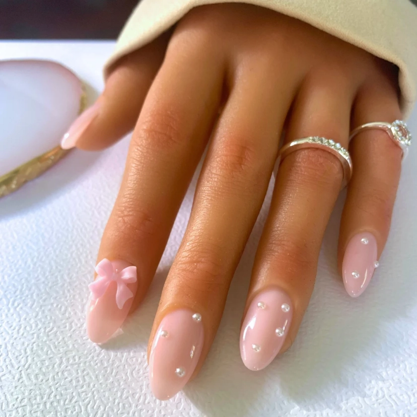 Pink Nails With Bow and Pearls Milky Jelly Nail Polish New Nail Trend Long Medium Short Nails Press on Nails Canada Handmade Nails - Etsy