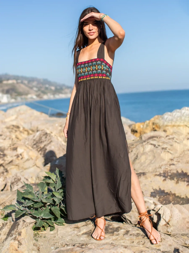Tricia Embroidered Maxi Dress - Charcoal