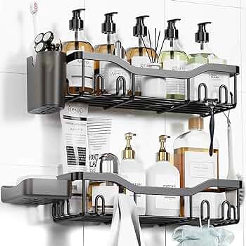 Shower Caddy Adhesive Shower Organizer Bathroom Shower Shelves, Wall Shelf for Inside Shower Storage with Soap Dish&16 Hooks, Rustproof Stainless Steel No Drilling Rack Home Decor 2 Pack Large