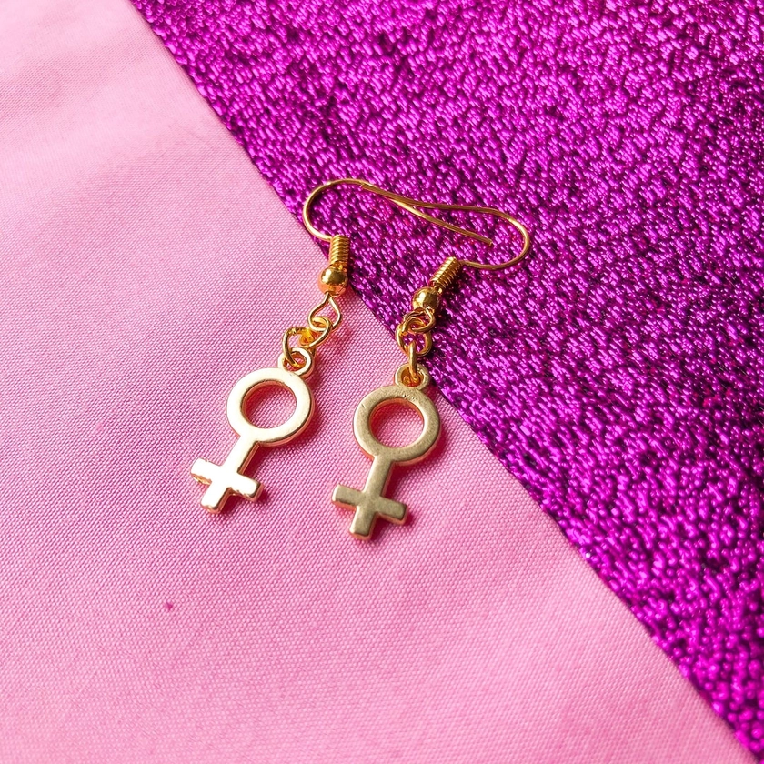 Gold Venus symbol earrings, subtle lesbian pride female symbol earrings | sapphic earrings, WLW earrings, feminist earrings
