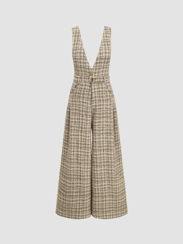 Tweed V-neck Check Button Pleated Wide Leg Jumpsuit